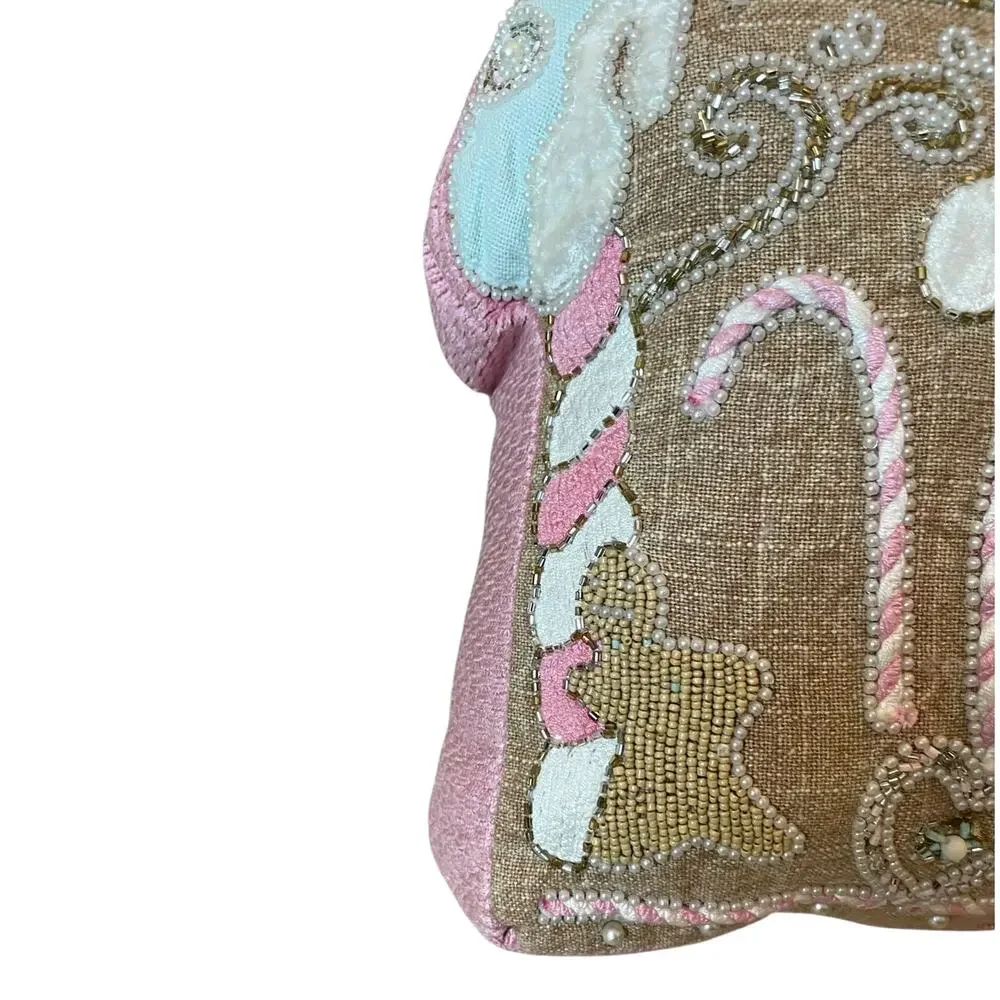 Sugarplum Dreams Christmas Gingerbread House Throw Pillow 17x15 Beaded NEW